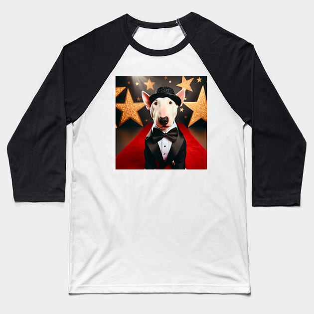 Happy bull terrier wearing tuxedo and hat in front of stars Baseball T-Shirt by nicecorgi